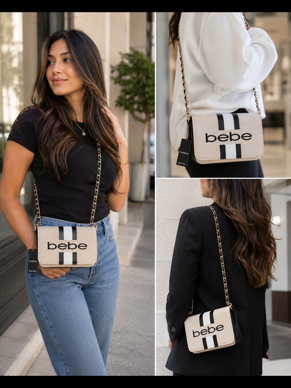 bebe Cream Crossbody Bag with Black Stripes
